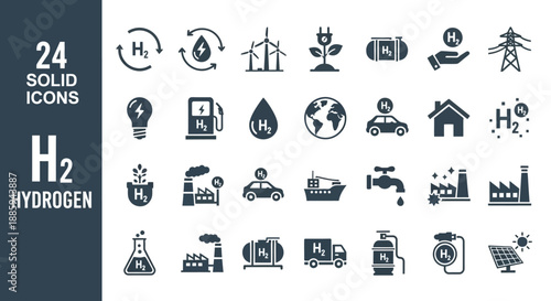 Collection of hydrogen-related icons for energy and industry applications