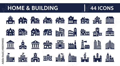 Collection of various building and home icons displayed together in a grid layout, showcasing different architectural structures