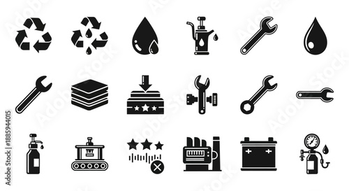 Collection of black icons representing industry and technology symbols on a white background