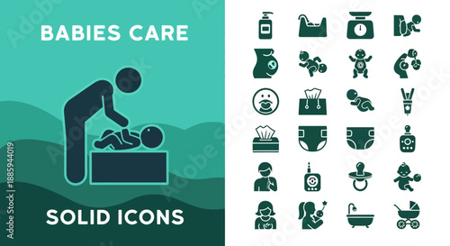 Collection of monochrome baby care icons on green and white backgrounds from various viewpoints