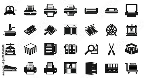 Collection of office supply and equipment icons in a grid layout showcasing various tools and devices used in a workspace environment