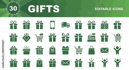 Collection of green icons representing gifts and related actions displayed on a clean interface for digital use