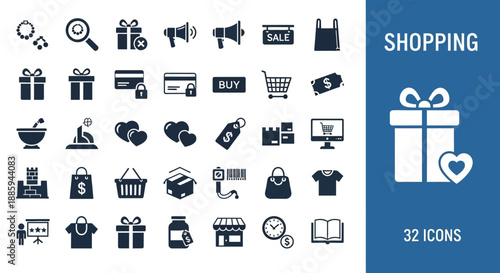 Collection of icons representing shopping and retail concepts displayed on a clean white background with a blue sidebar