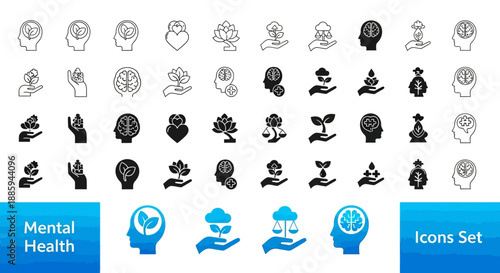 Collection of mental health icons, symbolizing various aspects of psychological well-being and emotional support in a digital format.