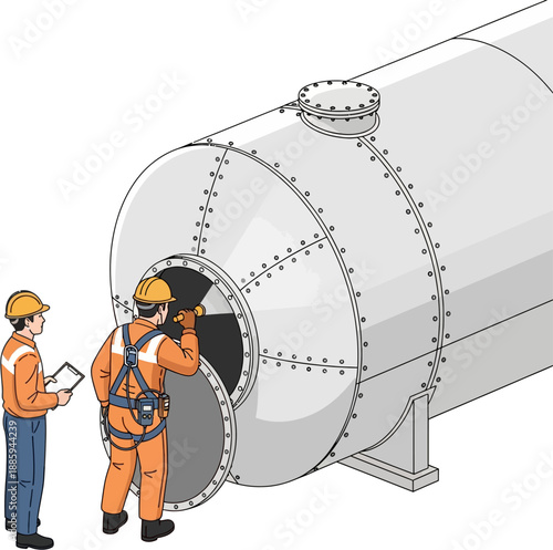 Confined Space Inspection Vector Illustration of Industrial Safety Workers Checking Storage Tank Interior in Oil and Gas Facility with Protective Equipment and Engineering Environment