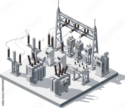 Electrical Substation Vector Illustration of Power Distribution Infrastructure with Transformers and High Voltage Equipment in Industrial Energy System