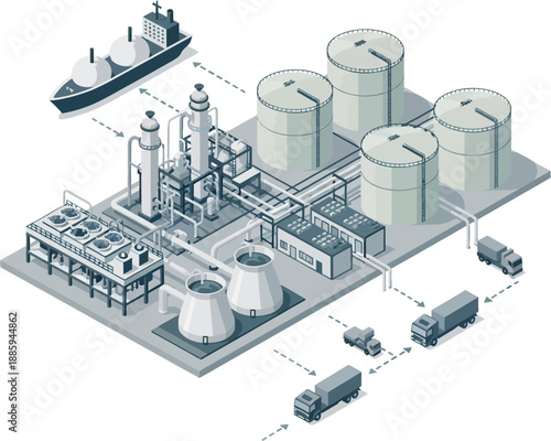 LNG Production Process Vector Illustration of Liquefied Natural Gas Plant with Storage Tanks and Industrial Processing System