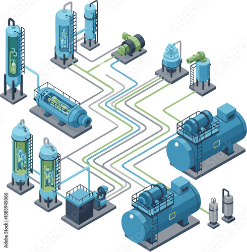 Natural Gas Processing Flow Vector Illustration of Industrial Pipeline Network and Equipment System in Energy Production Facility