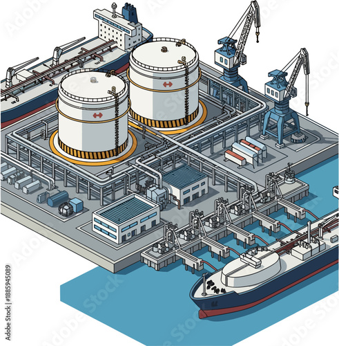 LNG Terminal Facility Vector Illustration of Industrial Port Terminal with Storage Tanks and Shipping Infrastructure for Natural Gas