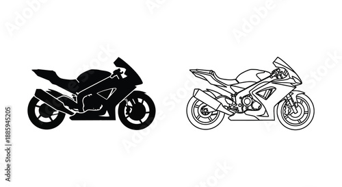 Detailed motorcycle illustration alongside its stark black silhouette representation high quality
