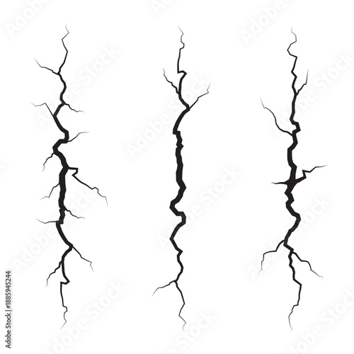 Set of Vertical Black Cracks Isolated on Transparent Background, Earthquake Damage Collection, Ground Fracture or Rupture Set