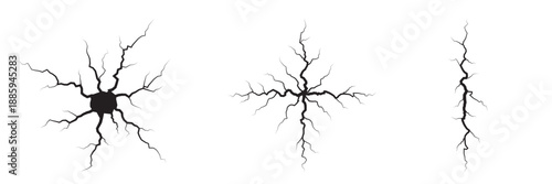 Set of Black Ground Cracks and Impact Fractures Isolated on Transparent Background, Abstract Black Crack and Impact Damage Shapes