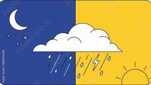 Day and Night Weather Contrast Sun Moon Rain Lightning.
