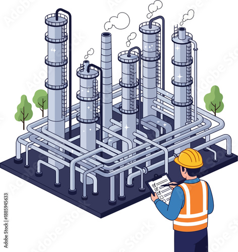Oil Refinery Inspection Vector Illustration of Industrial Engineer Checking Processing Facility Equipment and Structures in Energy Industry