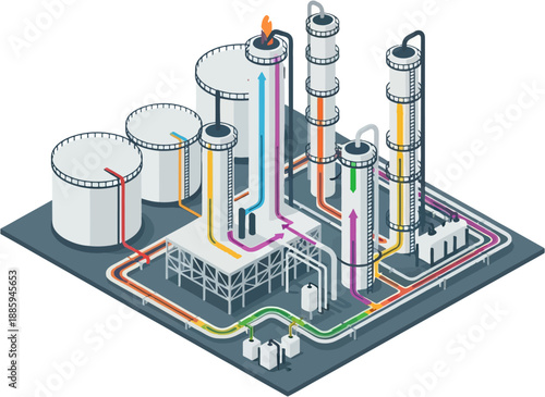 Oil Refining Process Vector Illustration of Industrial Petroleum Processing System with Pipelines Tanks and Energy Infrastructure in Modern Facility
