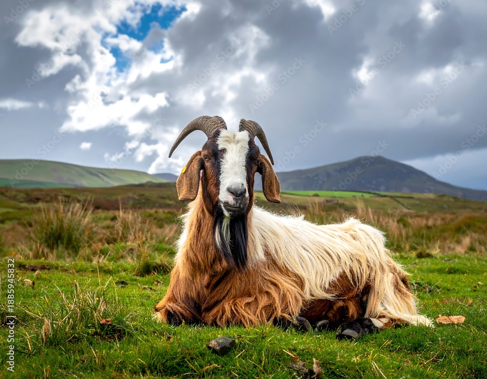 Obraz premium Relaxing goat portrait a shaggy, horned animal lounging calmly in a grassy field under a cloudy sky in a hilly landscape