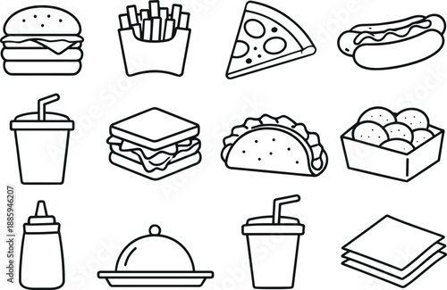 Line style of Fast meal vector icons: burger, fries, pizza, hot dog; soda, sandwich, taco, nuggets; ketchup,