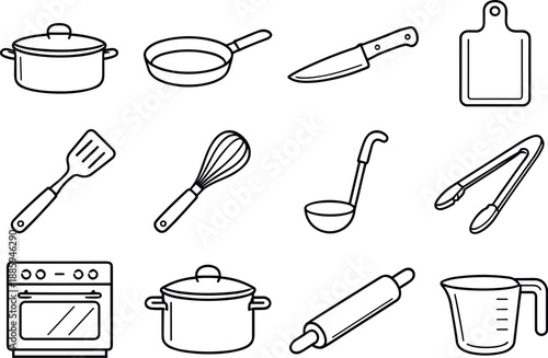 Image Generation. Line style vector icons of Home cooking: saucepan, frying pan, knife, cutting board; spatula, whisk, ladle,