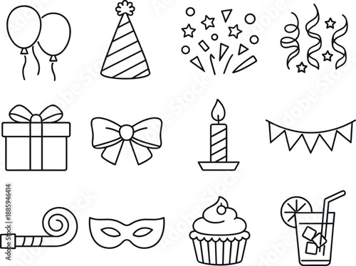  Line style of Birthday supplies vector icons: balloons, party hat, confetti, streamer; gift, ribbon, candle,