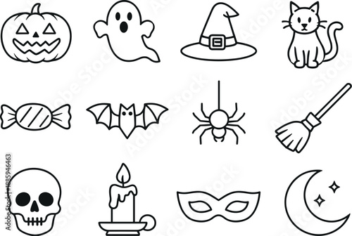 Spooky Night Icons. Line style vector icons of Spooky night: pumpkin, ghost, witch hat, black cat; candy, bat, spider, broom;