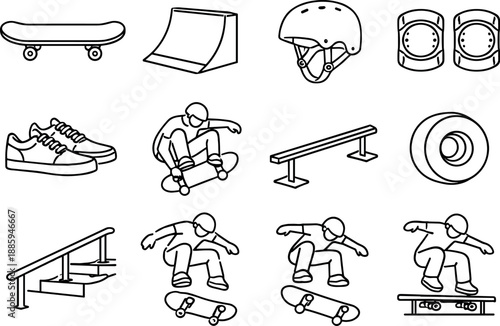 Image Generation. Line style vector icons of Skateboard tricks: skateboard, ramp, helmet, knee pads; sneakers, trick, rail, wheel;