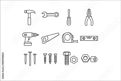 Line style vector icons of Repair tools: hammer, wrench, screwdriver, pliers; drill, saw, tape measure, level;