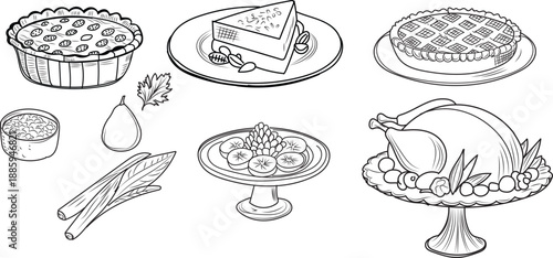 Hand Sketched Thanksgiving Dinner Food Collection, Vintage Line Art