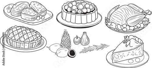 Vintage Thanksgiving Feast Hand Drawn Food Illustration in Black In