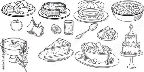 Vintage Thanksgiving Feast Hand Drawn Food Illustration in Black In