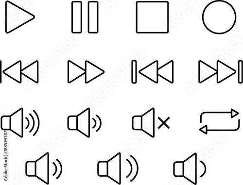 Image Generation. Line style icons of App controls: play, pause, stop, record; forward, backward, skip, repeat; volume up, volume