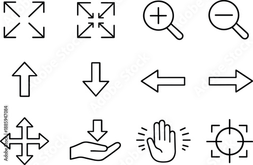 Image Generation. Line style vector icons of Interface navigation: expand, collapse, zoom in, zoom out; move up, move down, move