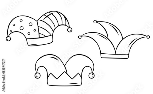 Black and white line art icon of a fool's hat. Doodle style sketch for Mardi Gras celebration, jesters, circus, or medieval theme