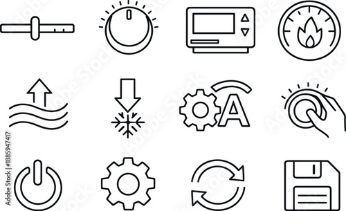 Image Generation. Line style vector icons of Heat control: temperature slider, adjustment knob, thermostat, dial; increase heat,
