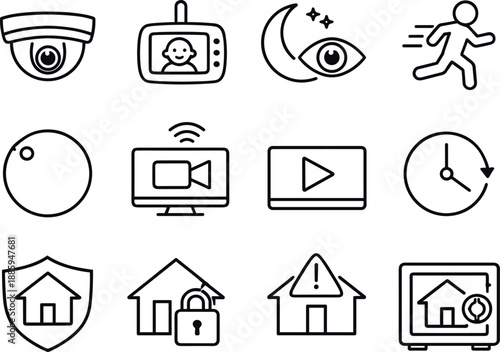 Image Generation. Line style vector icons of House surveillance: home camera, baby monitor, night vision, motion detect; recording