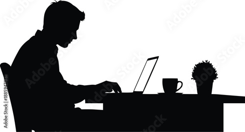 Office Worker at Laptop Silhouette Vector – Remote Work Productivity Concept