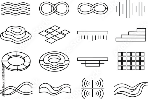 Image Generation. Line style vector icons of architecture in nature: rhythm stripe, loop bar, loop bar, rhythm stripe, resonance