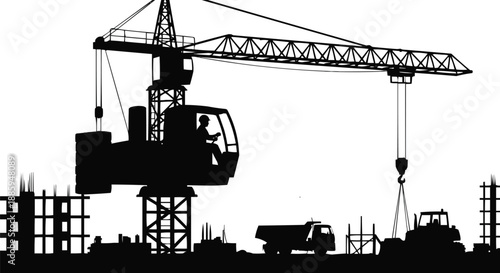 Construction Crane Operator Silhouette Vector – Infrastructure Development Concept