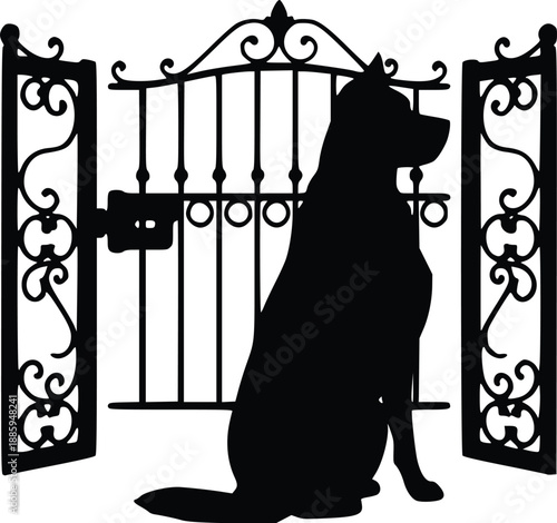 Dog Sitting outside of gate  Silhouette Vector – Pet Animal Illustration