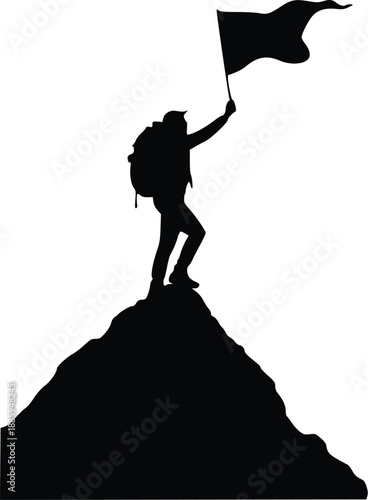 Mountain Climber Reaching and hoist flag in Peak Silhouette Vector