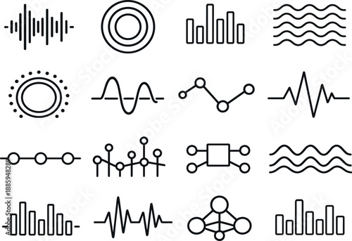 Line style vector icons of library ambience: rhythm line, pulse ring, rhythm bar, wave tile, wave stripe,