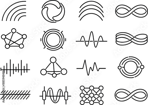 Image Generation. Line style vector icons of futuristic communication: signal band, cycle tile, rhythm arc, loop stripe, rhythm