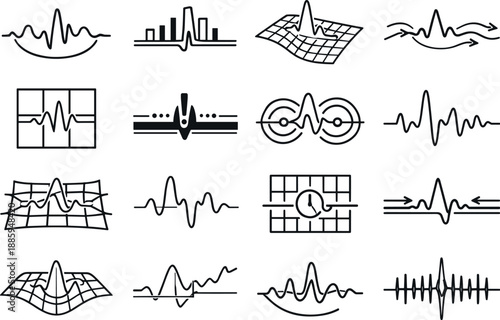 Image Generation. Line style vector icons of anomaly detection: pulse arc, timing bar, amplitude mesh, flow line, sync tile,