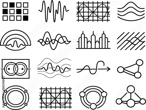 Image Generation. Line style vector icons of defense operations: rhythm tile, wave bar, phase mesh, amplitude band, modulation