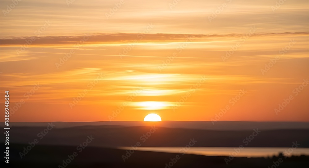 Fototapeta premium Vibrant orange and yellow sunset over a distant horizon with clouds and a body of water below