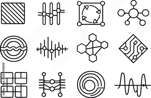 Cryptocurrency Blockchain Icons. Line style vector icons of cryptocurrency blockchain smart contracts: modulation stripe, interval