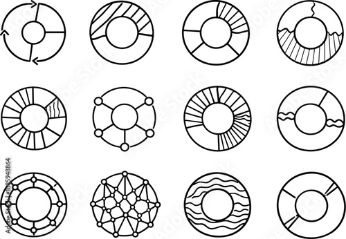 Image Generation. Line style vector icons of data visualization pie and donut charts: sync line, transition band, transition band,