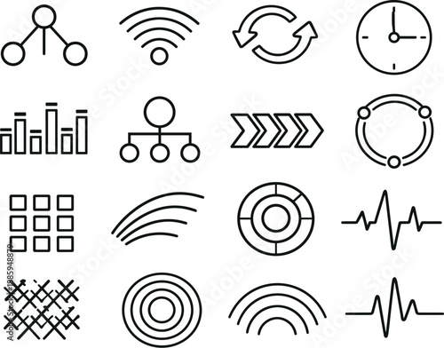 Image Generation. Line style vector icons of business management planning tools: sync node, signal band, sync band, timing node,