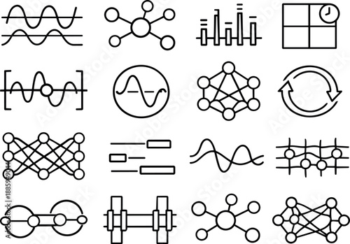 Image Generation. Line style vector icons of web development build and bundling tools: modulation band, propagation node,