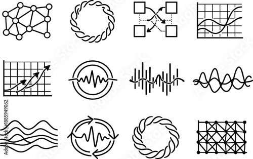 Image Generation. Line style vector icons of software development process implementation: flow mesh, wave ring, transition tile,