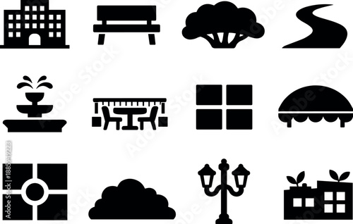 Image Generation. Solid vector icons of park hotel setting: hotel facade outline, park bench tile, tree canopy arc, garden path